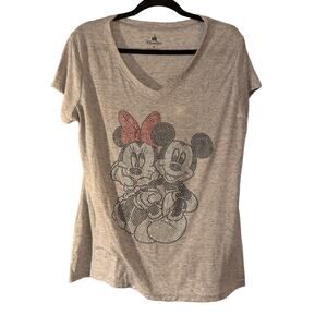 Disney Parks Minnie & Mickey Mouse Sparkly T-shirt XL Heathered Gray Linen Blend